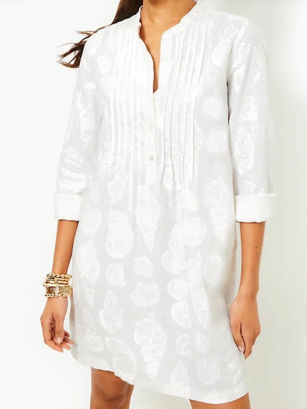 Lilly Pulitzer Rhoda Linen Popover Dress SIze 4 White Beach Tonal Seashell Motif
